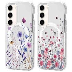 Imagem de Yomjew Pacote com 2 lindas capas magnéticas florais de flores transparentes para Samsung Galaxy S23 5G 6,1 polegadas, padrão [compatível com Magsafe] Capa protetora fina antiarranhões à prova de