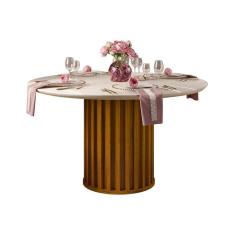 Imagem de Mesa p/ Cozinha Viena c/ Tampo Madeirado c/ Vidro 136cm Freijó/Off White - DJ Móveis