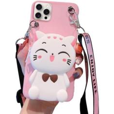 Imagem de SGVAHY Capa carteira para iPhone 11 linda capa para iPhone 11 com alça cordão bolsa de moedas, capa de telefone engraçada Kawaii, silicone macio, à prova de choque, capa para iPhone 11 para mulheres e