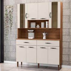 Imagem de Armário de Cozinha Golden 8 Portas 2 Gavetas com Vidro Nogueira/Off White - Kits Paraná