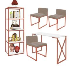 Imagem de Kit Escritório Bex 3 Cadeiras Suede Bege com 1 Mesa e 1 Livreiro Ferro Bronze MDF Branco - Ahazzo Móveis