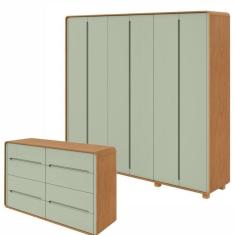 Imagem de Conjunto de Guarda-Roupa Casal Loop 6 Portas com Pés e Cômoda 8 Gavetas 152x48x96cm Loop  Amendoa Clean/Salvia