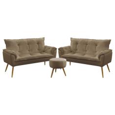 Imagem de Kit 2 Poltronas Namoradeiras Decorativas Estofadas Para Sala De Estar Beta e Puff Solar Sued Capuccino Aradecor
