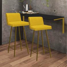 Imagem de Kit Mesa Suspensa de Parede Fixa MDF Preto + 2 Banquetas Lexi Ferro Dourado Corino Amarelo - Ahazzo Móveis