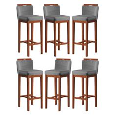Imagem de Kit 6 Banquetas Média Gourmet para Cozinha 38x92 Cm Líbia Madeira Maciça Suede Cinza CCS