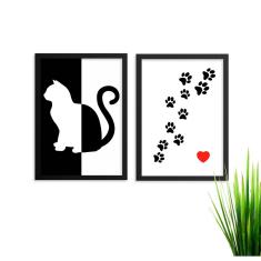 Imagem de Kit 2 Quadros Decorativos Gato Patinhas Com Moldura e Vidro