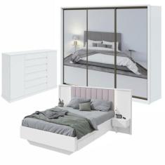 Imagem de Quarto com Guarda-roupa 3 Espelhos 3 Portas 6 Gavetas, Cômoda 2 Portas 7 Gavetas e Cama Solaris Branco