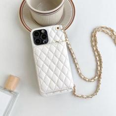 Imagem de Bolsa com alça de cordão crossbody capa de telefone para iPhone 15 14 13 12 11 Pro Max com zíper carteira porta-cartões corrente capa de couro PU, branca, para iPhone 14 Pro