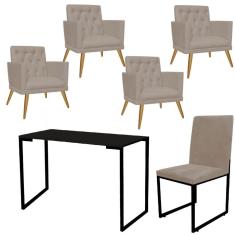 Imagem de Kit Escritório Stan 4 Poltronas Maria com Cadeira e Mesa Industrial Tampo Preto Tecido Sintético Bege - Ahz Móveis