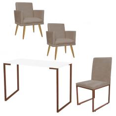 Imagem de Kit Escritório Stan 2 Poltronas Rodapé com Cadeira e Mesa Industrial Branco Bronze Suede Bege - Ahz Móveis
