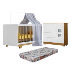 Imagem de Quarto de Bebê com Berço Mini Cama com Colchão Flocos e Cômoda 100% Mdf 1 Porta 4 Gavetas Life Branco/madeirado Ypê