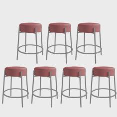 Imagem de Kit 07 Banquetas Alta Sintra 65cm Redonda Ferro Cinza Suede Rose - Ahazzo Móveis