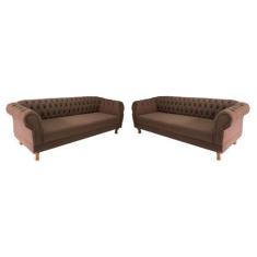 Imagem de Dois Sofás Chesterfield Capitone Duque Suede Marrom  - Novo Encanto