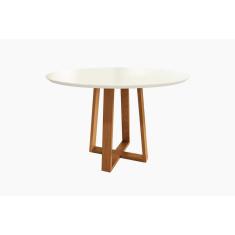 Imagem de Mesa Multiuso Cozinha Elma Madeira Maciça c/ Tampo Madeirado c/ Vidro 120x120cm Carvalho/Off White - Kappesberg