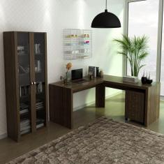 Imagem de Mesa em L com Gaveteiro e Armário com 2 Portas de Vidro Espresso Móveis Nogal