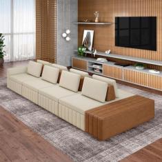 Imagem de Sofá Ilha com Encosto e Almofadas Móveis Olimpo 505cm Modulado Linho/PU Bege/Caramelo G45 - Gran Belo