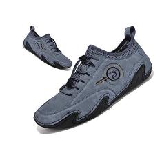 Imagem de Lymphvity Tênis masculino de couro italiano feito à mão para uso ao ar livre, antiderrapante, respirável, leve, com cadarço, caminhada e direção, Cinza e azul, 37