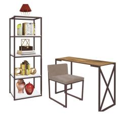 Imagem de Kit Escritório Bex 1 Cadeira Suede Bege com 1 Mesa e 1 Livreiro Ferro Marrom MDF Carvalho - Ahazzo Móveis