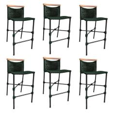 Imagem de Kit 6 Banquetas Em Corda Náutica Base Em Alumínio Preta Com Detalhe Em Madeira Verde Musgo Verde