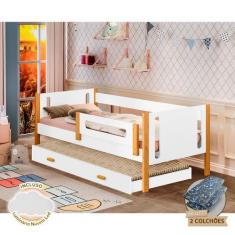 Imagem de Bicama Infantil com Grade de Proteção e Colchões Mirela Branca/mel Lum