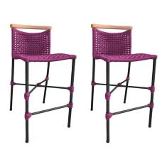 Imagem de Kit 2 Banquetas Anne Em Corda Náutica Base Em Alumínio Preta Com Detalhe Em Madeira Rosa - Cor: Rosa