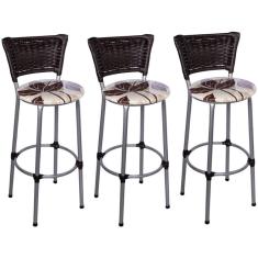 Imagem de Kit 3 Banquetas Altas Prata com Encosto Junco Argila Assento Floral Marrom