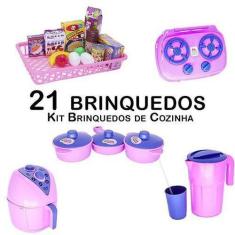 Imagem de Kit Cozinha Infantil Air Fryer Panelinha Fogão Mercado 21Pç - Altimar