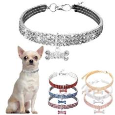 Imagem de Coleira para animais de estimação com diamantes, coleira de cachorro de strass com pingente de osso de cristal brilhante, coleiras de cachorro com joias brilhantes para meninas, gatos e cães,