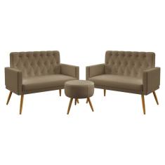 Imagem de Kit 2 Poltronas Namoradeiras Decorativas Vega Com Rodapé E Botões Puff Solar Sued Capuccino Aradecor