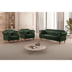 Imagem de Conjunto Sofá Chesterfield 3 Lugares + 2 Poltronas couro Ecológico Verde 303