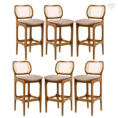 Imagem de Kit 6 Banquetas para Área Gourmet Decor Encosto Rattan Madeira Imbuia Linho Marrom L87 RMI