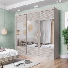 Imagem de Guarda-roupa Casal 3 Portas de Correr Ripadas com Espelho Samambaia Cabecasa Madeiramadeira Off White