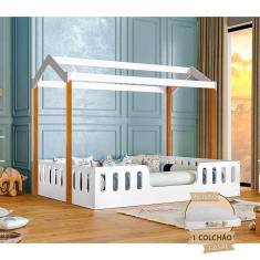 Imagem de Cama Infantil Com Colchão Casal Casinha Segura Montessoriana Ágatha - Branco/Castanho Claro