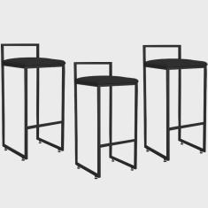 Imagem de Kit 03 Banquetas Alta Para Cozinha Sala De Jantar Hanna L02 Preto Corano Preto - Lyam Decor