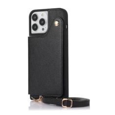 Imagem de Capa carteira com alça de ombro para iPhone 15 Pro Max 14 13 12 11 Pro Max 15 Plus 13 Pro com compartimentos para cartões de couro espelhado e capa traseira com cordão, preta, para iPhone 14Pro Max