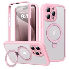 Imagem de RIASOLIN Capa para iPhone 15 Pro com suporte magnético invisível, compatível com Mag-Safe translúcido fosco com protetor de tela integrado, capa protetora de telefone à prova de choque para mulheres e