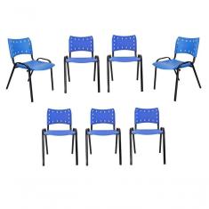 Imagem de Kit 7 Cadeiras Iso Para Escola Escritório Comércio Azul Base Preta