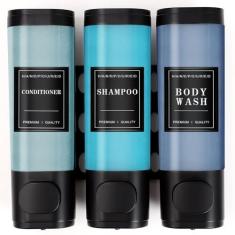 Imagem de Dispensador de xampu e condicionador, dispensador de sabão de chuveiro de 3 câmaras, dispensador de xampu para parede de chuveiro, sem furadeira, shampoo recarregável, dispensador de sabonete corporal