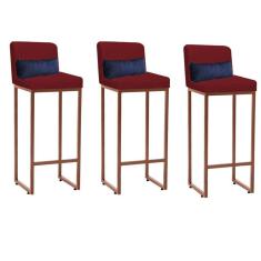 Imagem de Kit 03 Banqueta Alta com Encosto Lucca Industrial Cozinha Balcão Ferro Bronze Sintético Vermelho e Almofada Azul Marinho - Ahazzo Móveis
