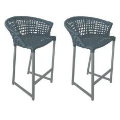 Imagem de Kit 2 Banquetas Reis em Corda Náutica e Base em Alumínio Cinza para Ár