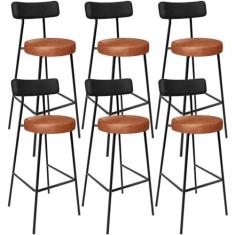 Imagem de Kit 06 Banquetas Alta Bar Cozinha Jantar Milão L02 Em Aço Couríssimo Preto Camel - Lyam Decor