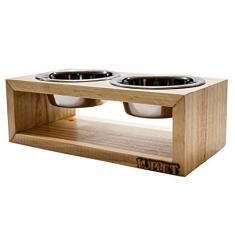 Imagem de Comedouro Duplo De Madeira Com Potes Inox Para Gatos E Cachorros Natural