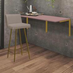 Imagem de Kit Mesa Suspensa de Parede Fixa mdf Rosa + 1 Banqueta Lexi Ferro Dourado Suede Bege - Ahazzo Móveis