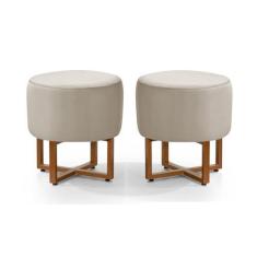 Imagem de Kit 2 Pufes Banqueta Redonda Para Sala Decoração Interior Pes Ferro Cobre Tecido Bege