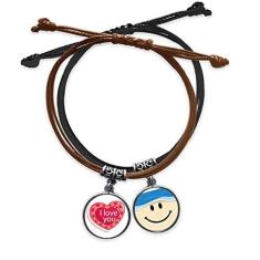 Imagem de DIYthinker Pulseira de coração rosa para Dia dos Namorados I Love You com corrente de mão e pulseira de couro com rosto sorridente