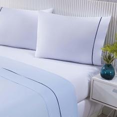 Imagem de Jogo De Cama Lençol 100% Algodão Percal 150 Fios Casal Gran Moratta 4 Peças Branco E Azul