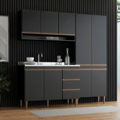 Imagem de Armário de Cozinha Compacta Modulada com Balcão Pia Sabrina 200x202 Cm 3 Peças MDP Preto MENU