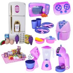 Imagem de Kit Cozinha Infantil Geladeira Rosa Microondas Louça 43pç