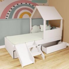 Imagem de Cama Casinha com Telhado 02 Gavetas e Escada/ Escorregador  Branco Megamobilia