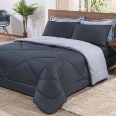 Imagem de Kit Edredom + Jogo De Lençol Aconchego Look House Dupla Face Casal King 06 Peças - Preto- Cinza